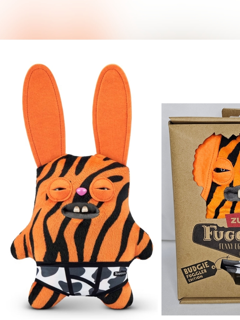 New Zuru Fuggler 9" Rabid Rabbit Budgie Orange Tiger Plush in Undies Ugly Teeth